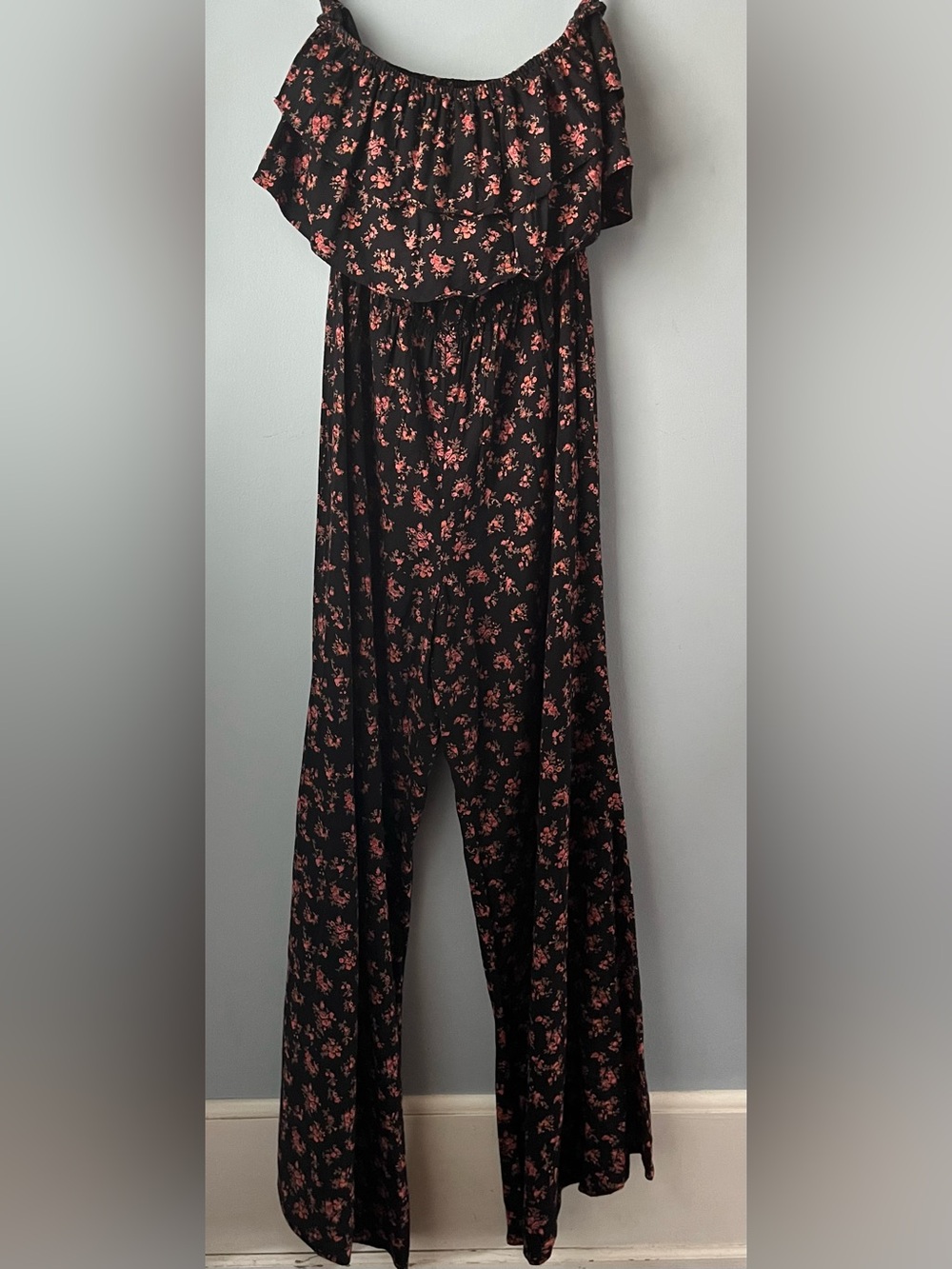 Blu Moon Black & Pink Floral Strapless Boho Wide-Leg Jumpsuit Made In USA Size S
